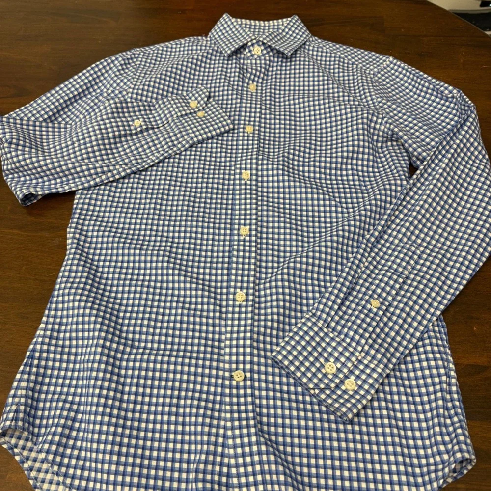 Banana Republic Mens Blue Gingham Non-Iron Tailored Slim Fit Cotton Shirt Small